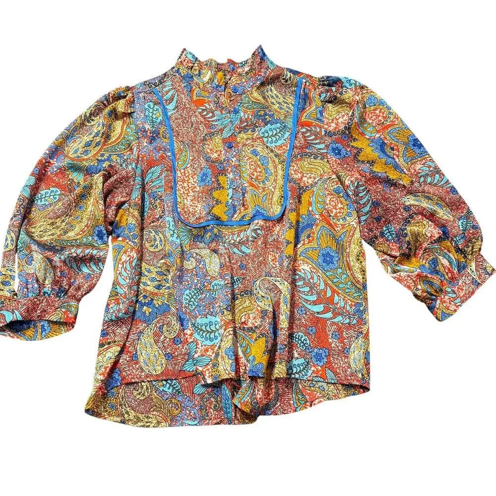 Joy joy Womens silk-like blouse, reds, blues, marigold paisley floral pattern, L